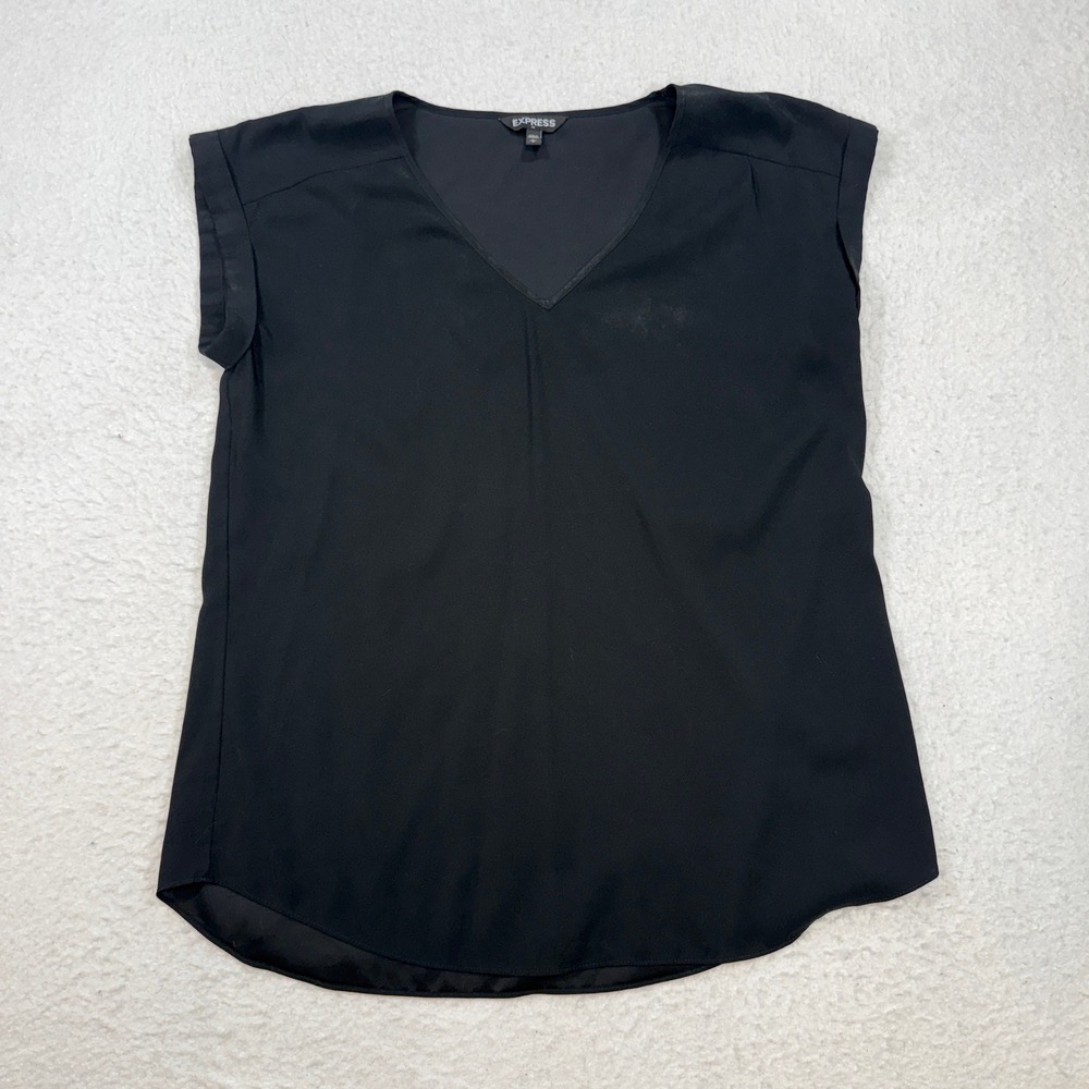 Express Womens Black V-Neck Short Sleeve Cuffed Cap Sleeve Blouse Large